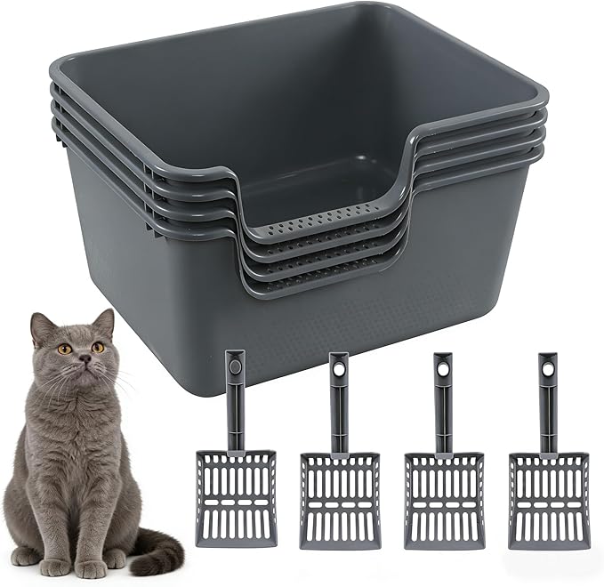 4 Packs Litter Boxes with High Sides, 19.6" Lx15.35 Wx8.6 H Multi Cat Litter Pan for Kitty, Litter Box for Big Cats, Anti-Splashing, Easy to Clean (Grey)
