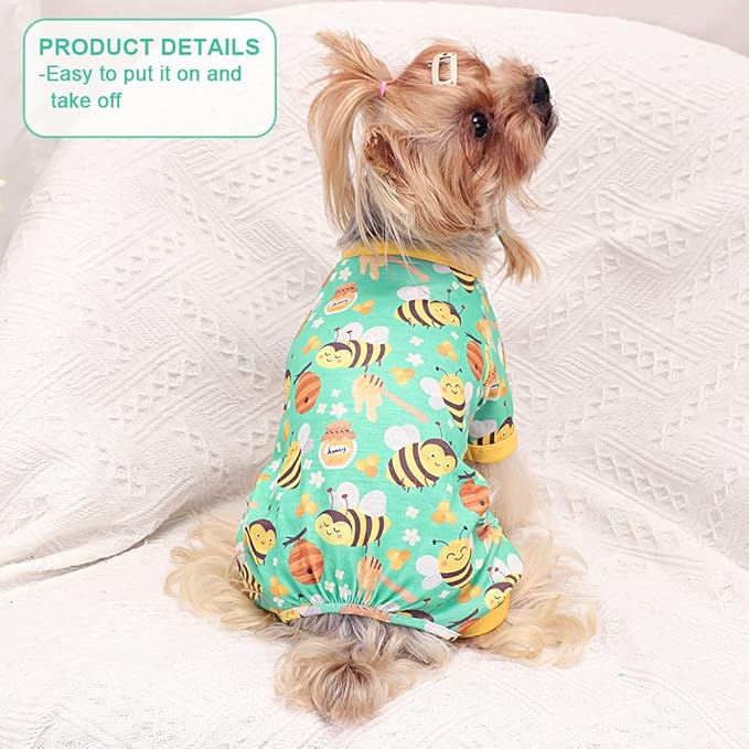 Yikeyo Dog Pajamas Small Sized Boy Girl, Cotton Stretchable Pet Clothes Jammies Puppy Outfits for Dogs Female Male, Spring Summer Doggie Pjs Doggy (Bee Green, XL)