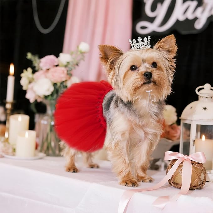 Pet Costume Set Tutu Skirt with Pearl Crown for Small Dog Cat Halloween Birthday Wedding Photo Prop Costume (Red)