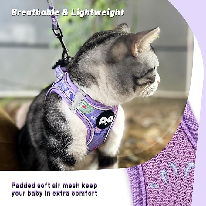 QQPETS Cat Harness and Leash Set for Walking Escape Proof, Safe Adjustable Kitten Vest with Reflective Strips, Easy Control Soft Mesh Lightweight Jacket (Floral Purple, S(Chest 15”-15.7”))