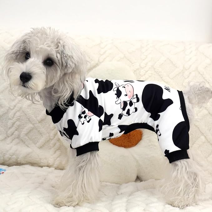 XPUDAC Dog Pajamas Soft Stretchy Cow Dog Clothes for Small Medium Dogs Pet Jumpsuit Cat Apparel-S