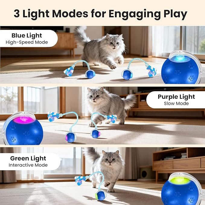 Cat Toys, Cat Toys for Indoor Cats, Cat Toys Interactive, 360° Rotating Automatic Interactive Cat Ball with Smart Activation, LED Light, Type-C Rechargeable, 3 Replaceable Dragonfly Tails, Bored(Blue)