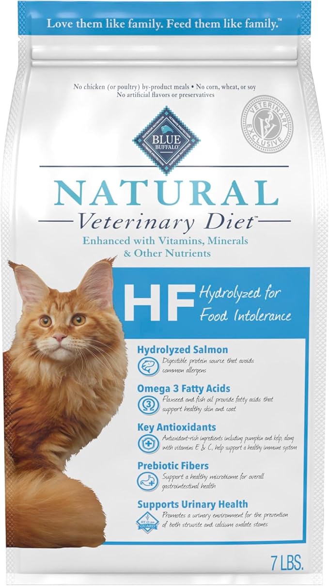 Blue Buffalo Natural Veterinary Diet HF Hydrolyzed for Food Intolerance Dry Cat Food, Veterinarian Prescription Required, Salmon, 7-lb. Bag