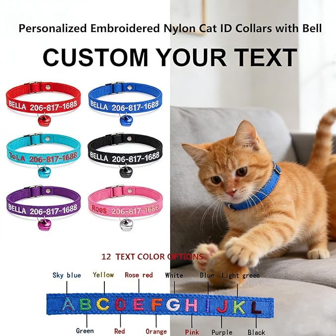 MVCEN Personalized Cat Collar,Personalized Nylon Cat Collar Breakaway with Bell - Custom Embroidered Text ID Collars with Pet Name and Phone Number