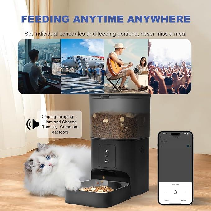 ANDOLL HOME 2.4G/5G Automatic Cat Feeder, 4L WiFi Food Dispenser with 10s Voice Recorder, Pet Feeder up to 10 Meals per Day, Timed Cat Feeder with Dry Food Sealed Ring(Matte Black, 4.0 L)