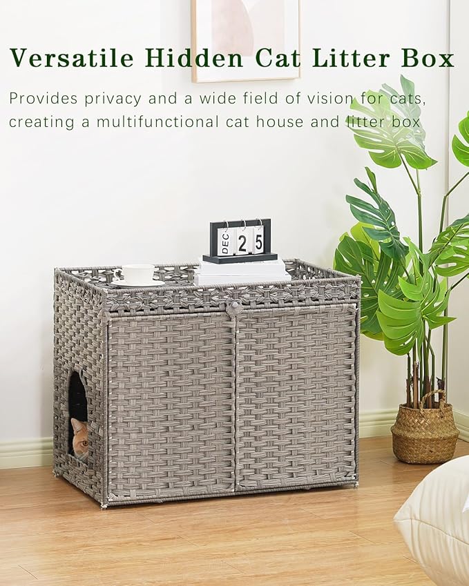 SETVSON Cat Litter Box Enclosure Furniture, Handwoven Rattan Hidden Litter Box with Mat, Large Space Cat House with 2 S-Shaped Hooks 30.3 x 18.3 x 24.4 Inches, Indoor for Living Room Apartment Gray