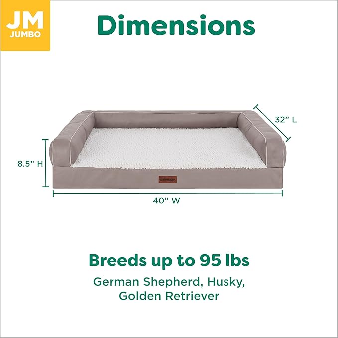 Furhaven Orthopedic Dog Sofa Bed – Memory Foam Couch with Bolsters, Textured Plush & Water-Resistant Cover, Washable Cover, Joint Support - Greige, Jumbo