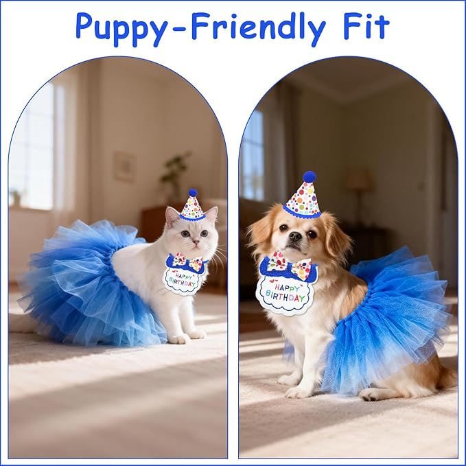 5Pcs Cat Birthday Decorations, Adjustable Cat Birthday Hat Bandana Tutu Skirt Collar Bow & 9 Number Stickers 0-8, Kitten Costume Outfit Decorations for Anniversary of Birth, Small Dog Friendly (Blue)