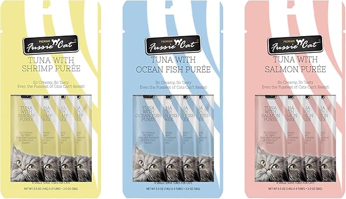 Fussie Cat Puree Grain Free Treat in 3 Flavor Bundle: 1 Tuna with Salmon, 1 Tuna with Ocean Fish & 1 Tuna with Shrimp (3 Four-Tube Packs, 12 Tubes Total, 0.5 Oz per Tube) + Shaynanigans Silicone Lid