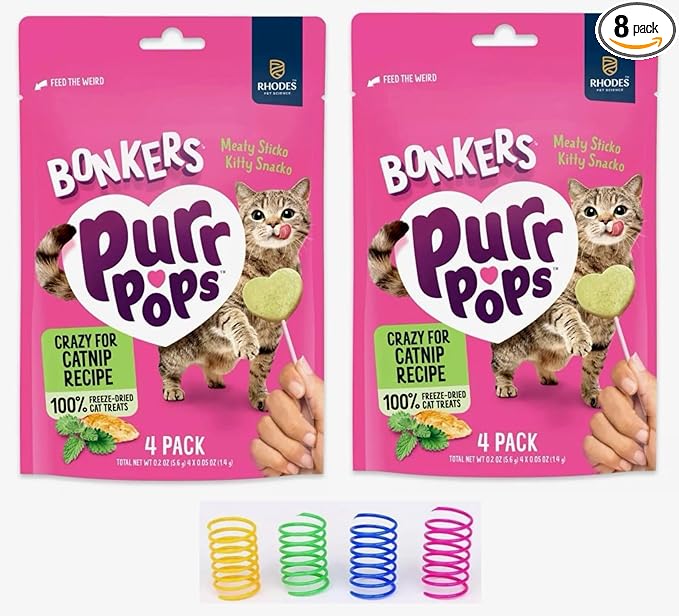 Bonkers Purrpops, Freeze Dried Crazy for Catnip Recipe Flavored Lollipop Cat Treats, for All Breeds and Ages 8 Pieces (2 Packs) with Cat Spring Toys