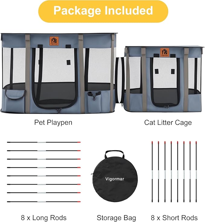 Portable Cat Playpen 2-in-1, Enclosed Kitten Playpen with Litter Box Cage Area, Pet Playpen with Collapsible Tent Rod Reinforced for Cats Puppy Rabbit Hamster Indoor Outdoor Use (Grey)