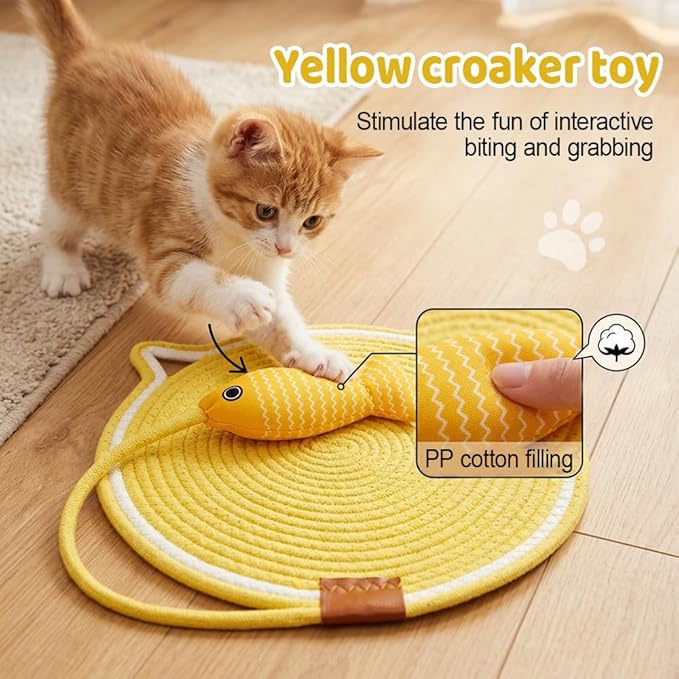Cat Scratcher Mat Cotton Rope, Round Woven Scratch Pad with Fish Toy, Wear-Resistant Cat Bed Mat with Hanging Loop for Sleeping Scratching Furniture Protects