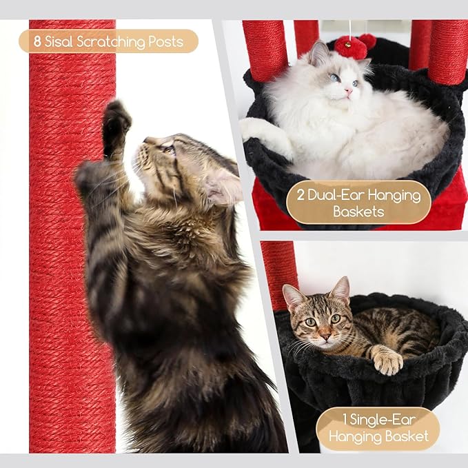 Globlazer Extra Large Gothic Cat Tree Tower, 82in Tall Goth Heavy Duty Cat Tree for Indoor Cats Large Adult Big Cat Tower with 8 Scratching Posts, 2 Condos, 2 Perches, 3 Basket Beds, S82, Red Black