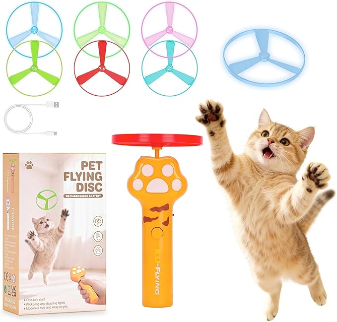Wortade Cat Fetch Toy Launcher with 6 Flying Disc, Interactive Flying disc Launcher Toy for Indoor Cats, Cat Interactive Hunting Toys for Outdoor & Indoor Yellow