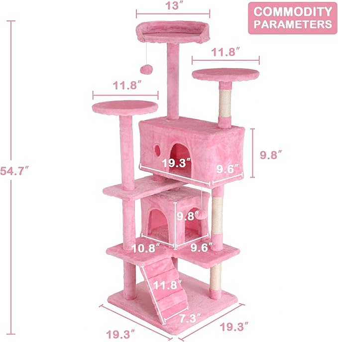 54 Inch Tall Cat Tree Tower - Multi-Level Cat Condo with Scratching Post, Toys & Rest Area, Pink