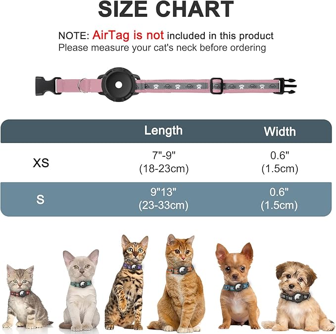 Reflective AirTag Cat Collar, Integrated Cat Tracker Collar with Air Tag Holder and Bell, Safety Elastic Band Cat GPS Collars for Girl Boy Cats, Kittens and Puppies (Pink, XS)