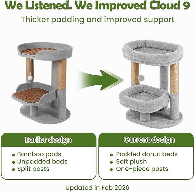 Cat Tree for Indoor Cats, Compact 2-Tier Cat Tower with Padded Donut Beds, Cozy Plush Cat Perch for Small to Medium Cats, Sisal Scratching Posts & Hanging Toy (Light Grey)