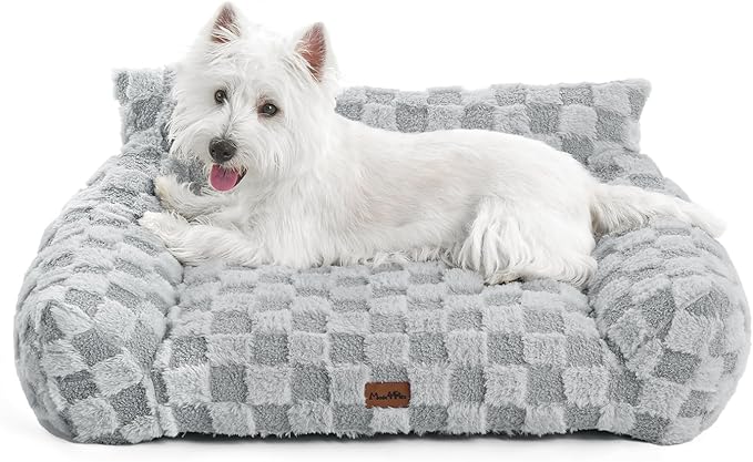 Made4Pets Cat and Dog Indoor Couch Bed, Soft Faux Fur Checkered Pet Sofa, Cozy Fluffy Pet Sofa with Supportive Foam, Removable Washable Cover with Non-Slip Base, Grey, Medium
