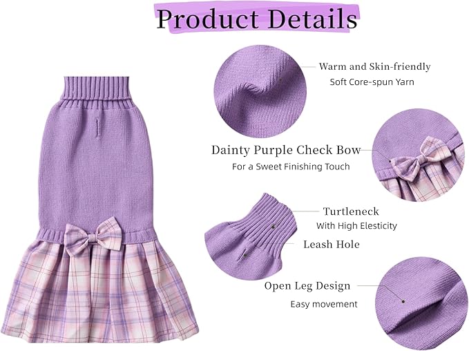 Purple Knitted Dog Sweater Dress, Pink Plaid Dog Winter Clothes Dresses for Dogs Girl, Dachshund Doggy Pet Apparel, Large (L)