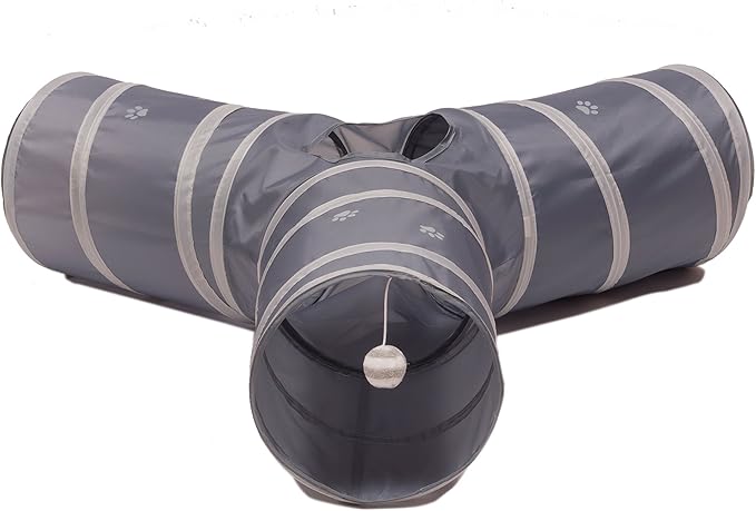 Cat Tunnel - Collapsible 3 Way Play Toy - Tube Fun for Rabbits, Kittens, and Dogs - Grey
