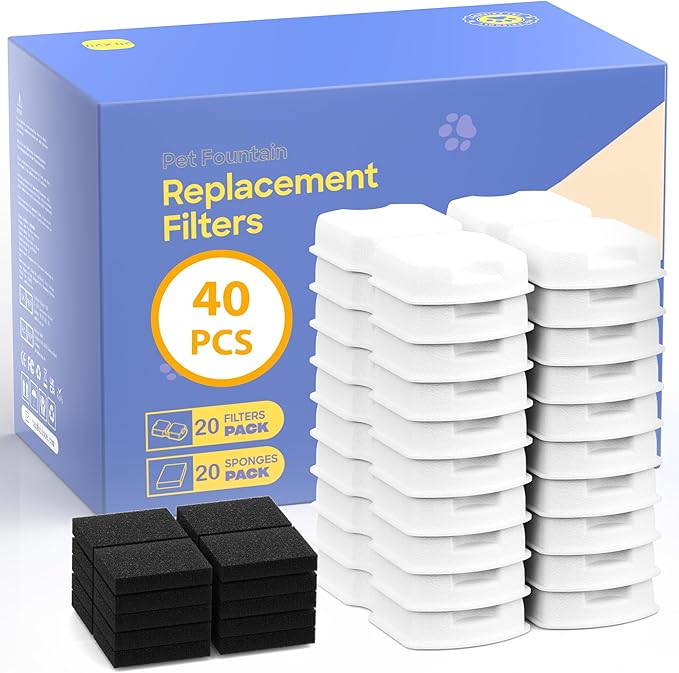 Cat Water Fountain Filters: 40 Cat Fountain Filter Replacement - 10 Months Set of Replacement Filters for ATMZIQXR Pet Fountains S18 - Contains 20 Carbon Filters + 20 Sponges Filters