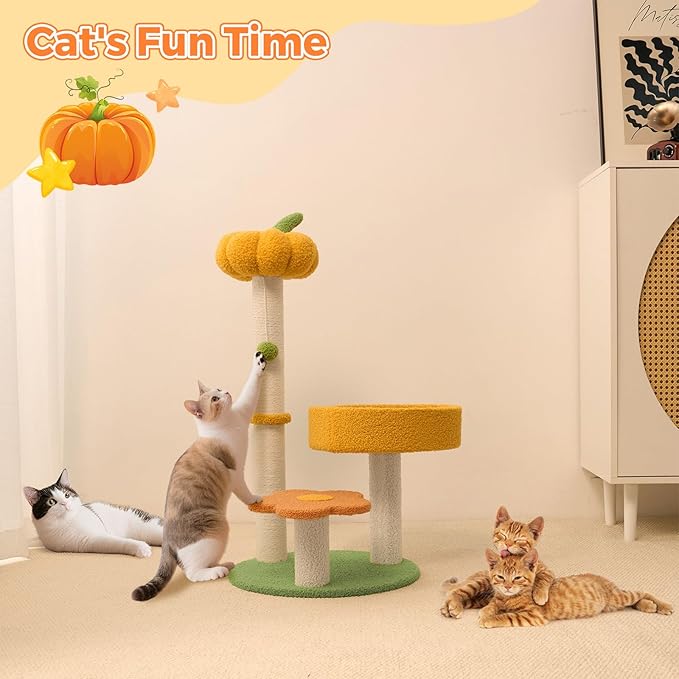 Cat Tree Post, 29.5" Pumpkin Flower Cat Tower Kittie Flower Kitten Nest with Sisal Post, Cozy Fluffy Cat Condo 3 Pillars Kitten Climbing Scratcher for Indoor Activity