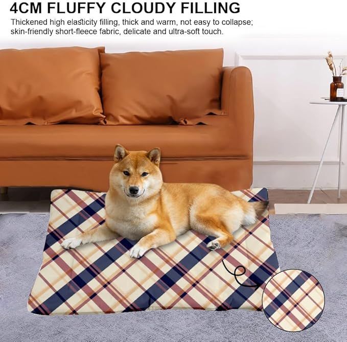 Cream Beige Plaid Kennel Mat Non Slip Bottom Washable Dog Beds Cozy Soft Outdoor Dog Pad Travel Accessories Printed Cage Mat Gift Reusable Bed 24× 18 Inch Indoor Outdoor