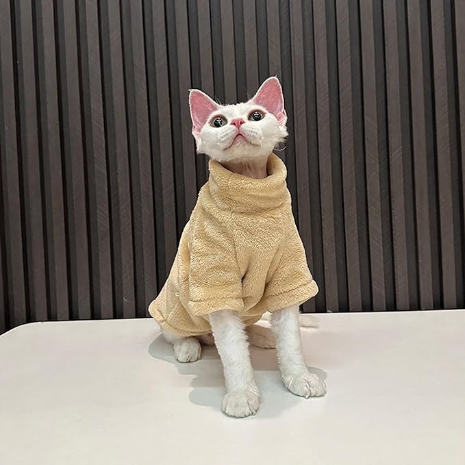 Sphynx Cat Clothes Winter Turtleneck Soft Coral Fleece Cat Clothes Thicken Warm Pajamas Coat for Hairless Cats and Small Cat Apparel with Sleeves (Apricot Yellow, XL (9.3-12.7lbs)