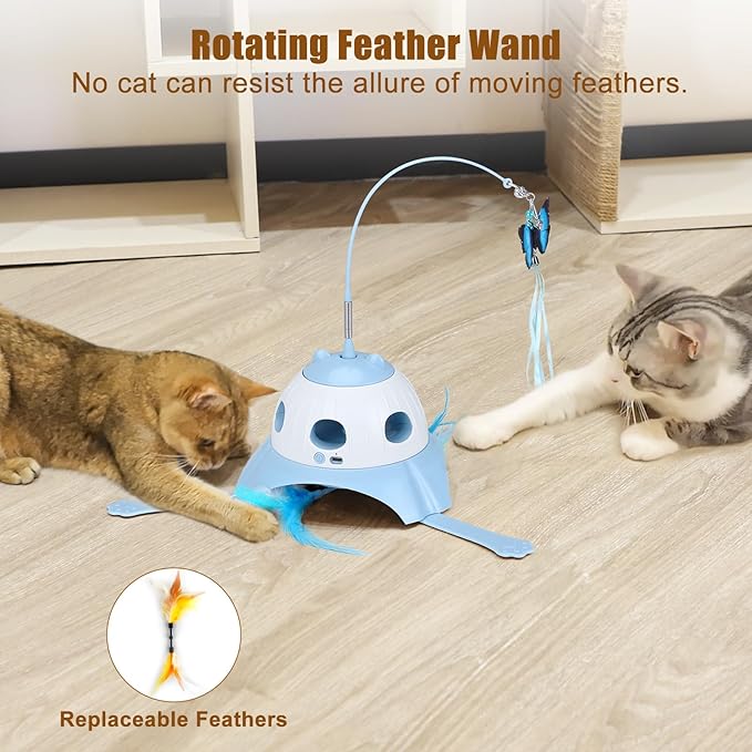 AIPERRO 3-in-1 Automatic Cat Toys for Indoor Cats, Fluttering Butterfly, Whack a Mole, Rotating Feather Wand, USB Rechargeable Interactive Feather Toys for Multi-cat Family (Blue)