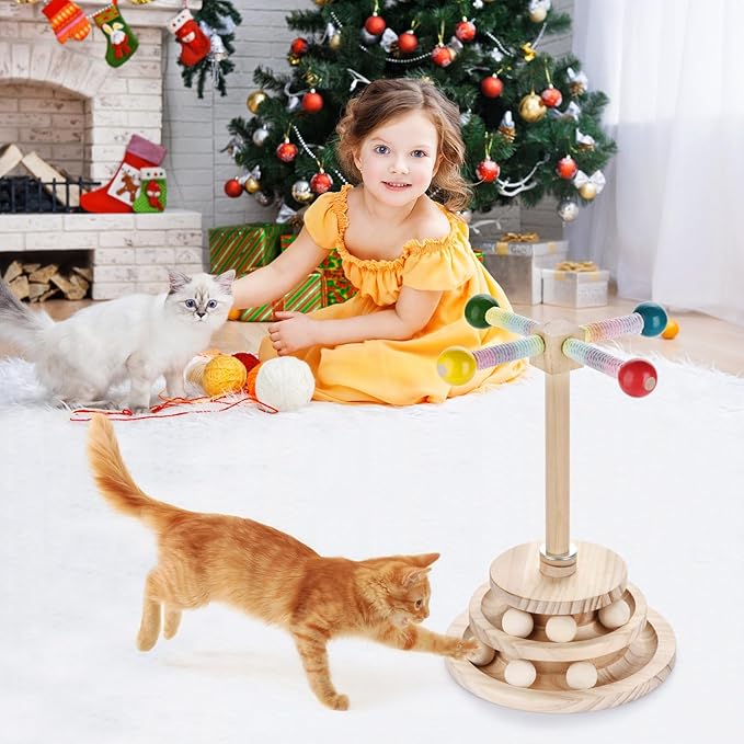 Wooden cat Toy Interactive Turntable with Spinning Ball and teapot Stick, Multi-Level cat Track Ball Toy Suitable for Kittens and Adult Cats, cat Sports Puzzle Toy