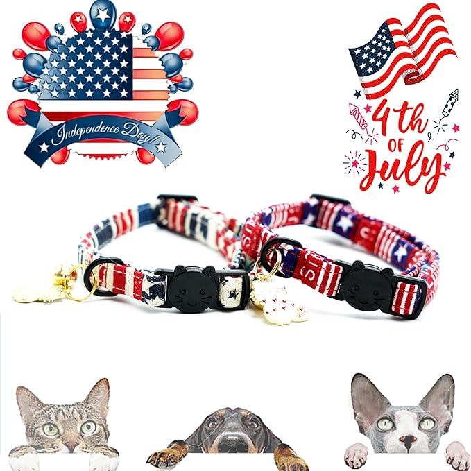 Elegant little tail Independence Cat Collar- 2 Pack Flag Print Cotton Breakaway Cat Collars with Bell Pendant Kitten Boy Girl Safety Adjustable Collar for Small Cats Puppy