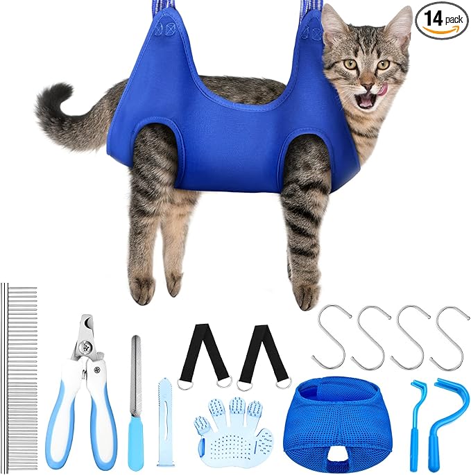 Ferraycle 14 in 1 Pet Grooming Hammock for Dogs Cats, Dog Grooming Sling, Cat Nail Trimming Kit, Restraint Bag with Clipper File for Nail Trimming Ear Cleaning Bathing Small Pets(Blue)