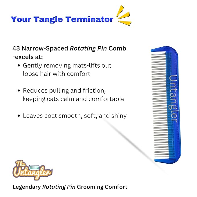 Cat Comb with Silky Smooth Rotating Teeth - Clears Mats Gently (5" Ultra Fine, 7" Dual-Spaced) (Blue, 5" Ultra Fine)