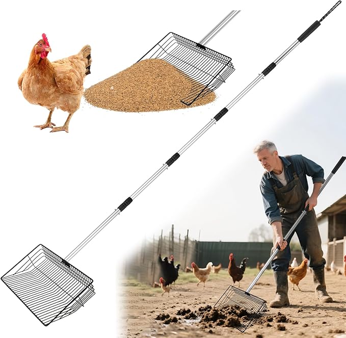 10 Inch Chicken Pooper Scooper & Sifting Shovel with 4-Stage Adjustable Handle (36" to 67") – Litter Scoop for Chicken Coop Cleaning, Poultry Waste, Sand & Droppings Removal