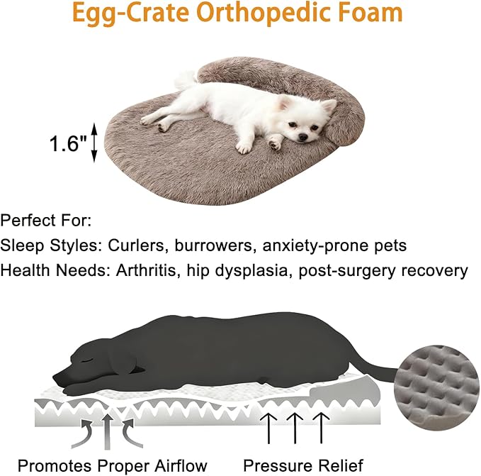 Orthopedic Dog Bed with Egg-Crate Base, Calming Dog & Cat Beds Long Plush with Raised Edges, Spine Friendly Pet Sleeping Mat for Small Medium Dogs, Machine Washable (Oval, Brown 26"x20")