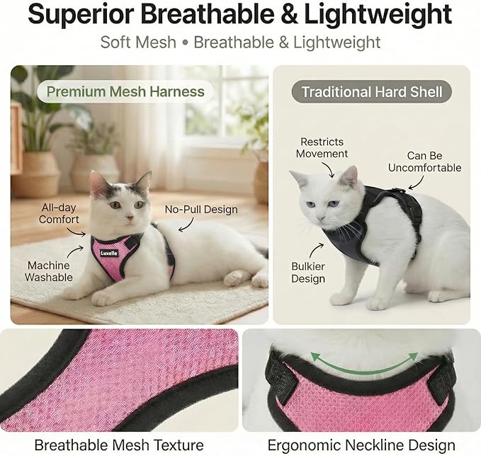 Luxelle 2 Pack Escape-Proof Cat Harness and Leash Set for Walking – Adjustable No Pull Soft Vest with Easy-Wear Buckle, Reflective Straps, Breathable Mesh – Outdoor Travel Harness for Cats & Kittens