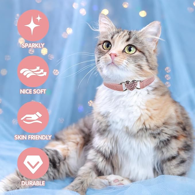 BINGPET 2 Pack Diamond Cat Collar with Bells and Safety Belt, Adjustable Soft Velvet Kitten Collar with Bling Heart Jewelry, Cute Purple & Pink Cat Collars for Girls & Boys(Neck Girth 8"-10")