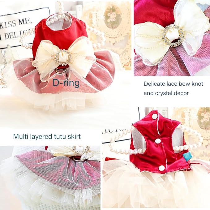 ANIAC Retro Dog Tulle Dress with Leash Ring Spring Summer Girl Puppy Clothes for Small Dog Cat Apparel Formal Pet Prom Dress for Christmas Wedding Birthday Valentines (Red, X-Small)
