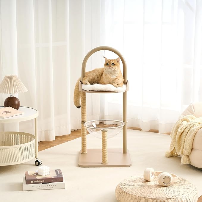 Modern Cat Tree, Wood Cat Tower with Steel Frame, Scratching Posts, Cat Capsule, Plush Mat, Bell Dangling Toy, Aesthetic Minimalist Heavy-Duty Cat Climbing Tree for Large Indoor Adult Cats-Khaki