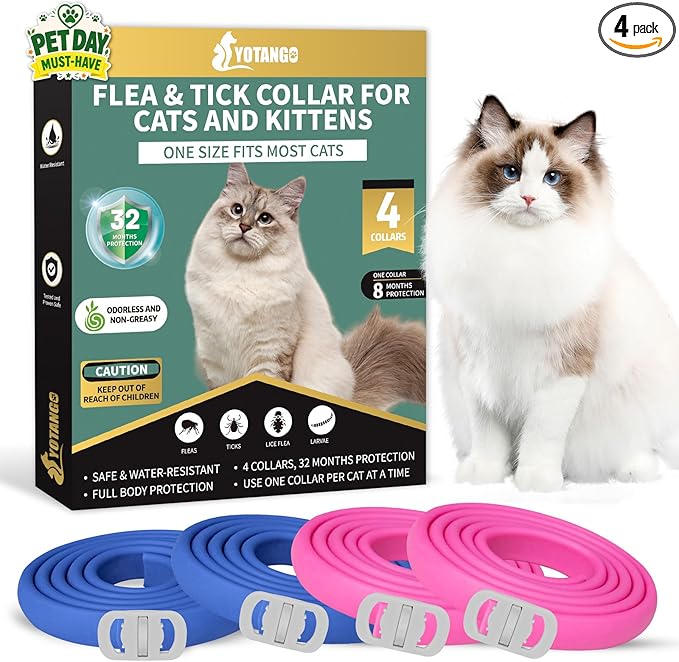 4 Pack Flea Collar for Cats, 32 Months Flea and Tick Prevention for Cat, Waterproof & Natural Cat Flea and Tick Treatment, Adjustable for Cats Kittens(Blue&Pink)