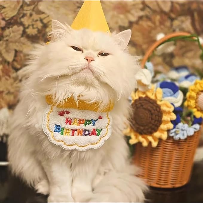 Lasflores Yellow Cat Birthday Supplies Set - Kitten Hat, Number Decor & Happy Birthday Banner Outfits