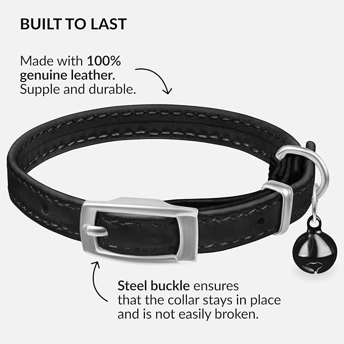 CollarDirect Leather Cat Collar with Removable Bell – Safety Elastic Strap (Breakaway Alternative) – Kitten Collar for Small & Big Boy & Girl Cats