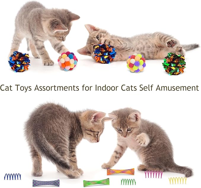 Retro Shaw Cat Toys Pack 25Pcs, Interactive Kitten Toys for Indoor Kittens Cats, Collapsible Kitty Play Tunnel Tent Feather Wand Balls Bell Springs Mouse Kitty Toys for All Breeds (4 Tunnel)