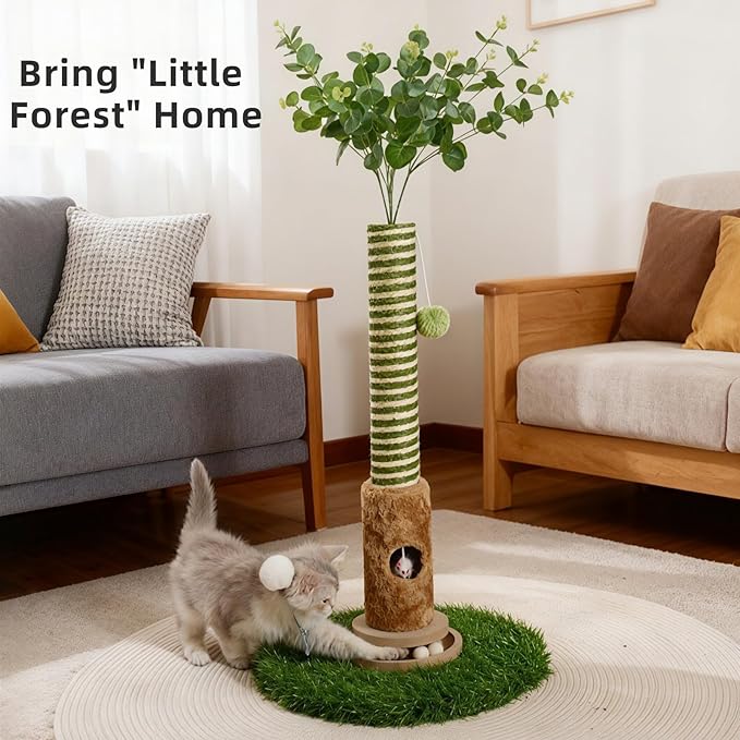 Cat Scratching Post, Two Tone Tall Sisal Scratch Pole For Indoor Cats,Artificial Turf Base Cat Tower With Hanging Toy,Double Ball Track & Simulated Mouse Hole,Strong Post For Kittens/Cats (35 in Post)
