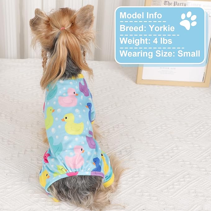 Dog Pajamas Small Sized Boy Girl, Cotton Stretchable Pet Clothes Jammies Puppy Outfits for Dogs Female Male, Spring Summer Doggie Doggy Pjs (Blue Duck, XS)
