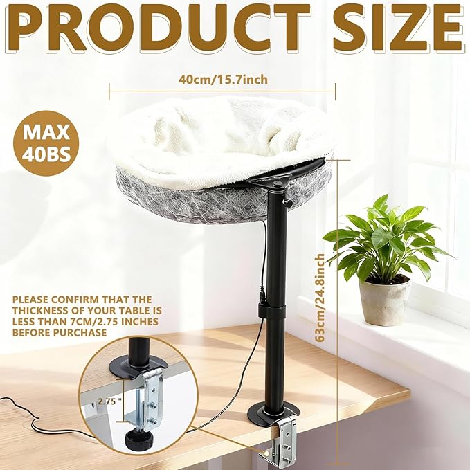AceOrbit Cat Desk Bed with Removable Heating Pad, Space-Saving Cat Perch for Office & Gaming Desks, 40lbs Capacity, 4-Season Cats Bed for Indoor