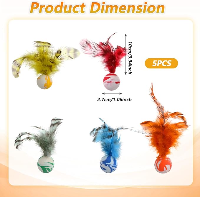 5 Pcs Feather Cat Toy, Cat Toy Balls with Natural Feathers, Interactive Indoor Cats Toys for Playful Kittens, Feather Bouncy Balls for Cats
