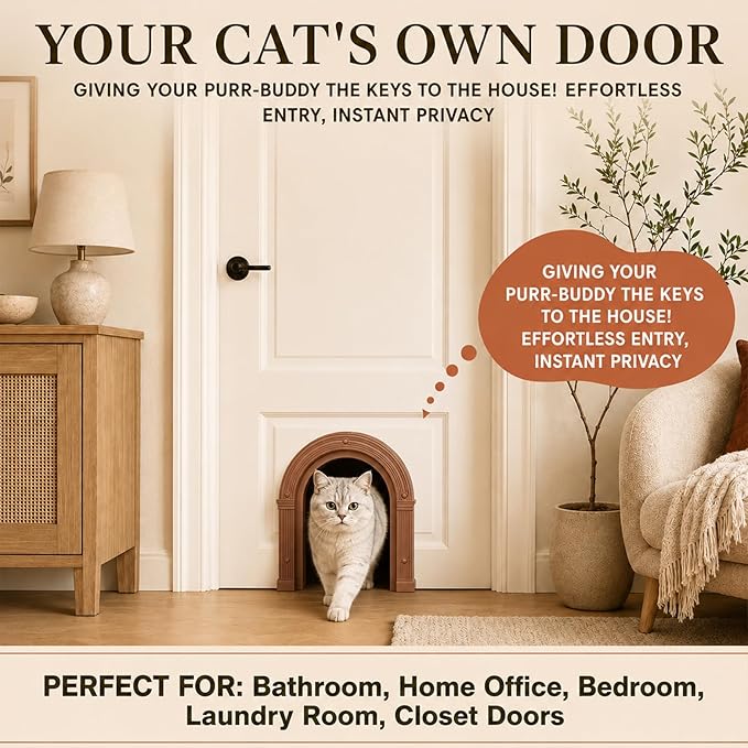 Cat Door for Interior Doors Large Cat Door - No-Flap, No Training Needed, Fits Cats Up to 25 lbs, Easy Installation, Installs in Minutes, Fits 1.25" to 1.75" Thick Solid & Hollow Doors Brown