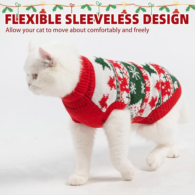 PUPTECK Christmas Cat Sweater, Soft Warm Turtleneck Pet Winter Clothes, Kitten Sweater Apparel, Knitwear Coat for Cats Puppy Outfit Cold Weather Clothes, Red&Green S