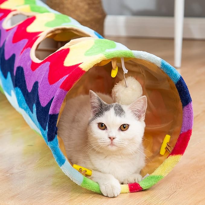 Cat Tunnel -Straight-Shaped, Rainbow Wave Color, Soft Velvet Exterior, Oxford Fabric Fog-Proof Interior, Plush Toy Ball, Easily Washable, Conveniently Foldable, 47.2in/120cm